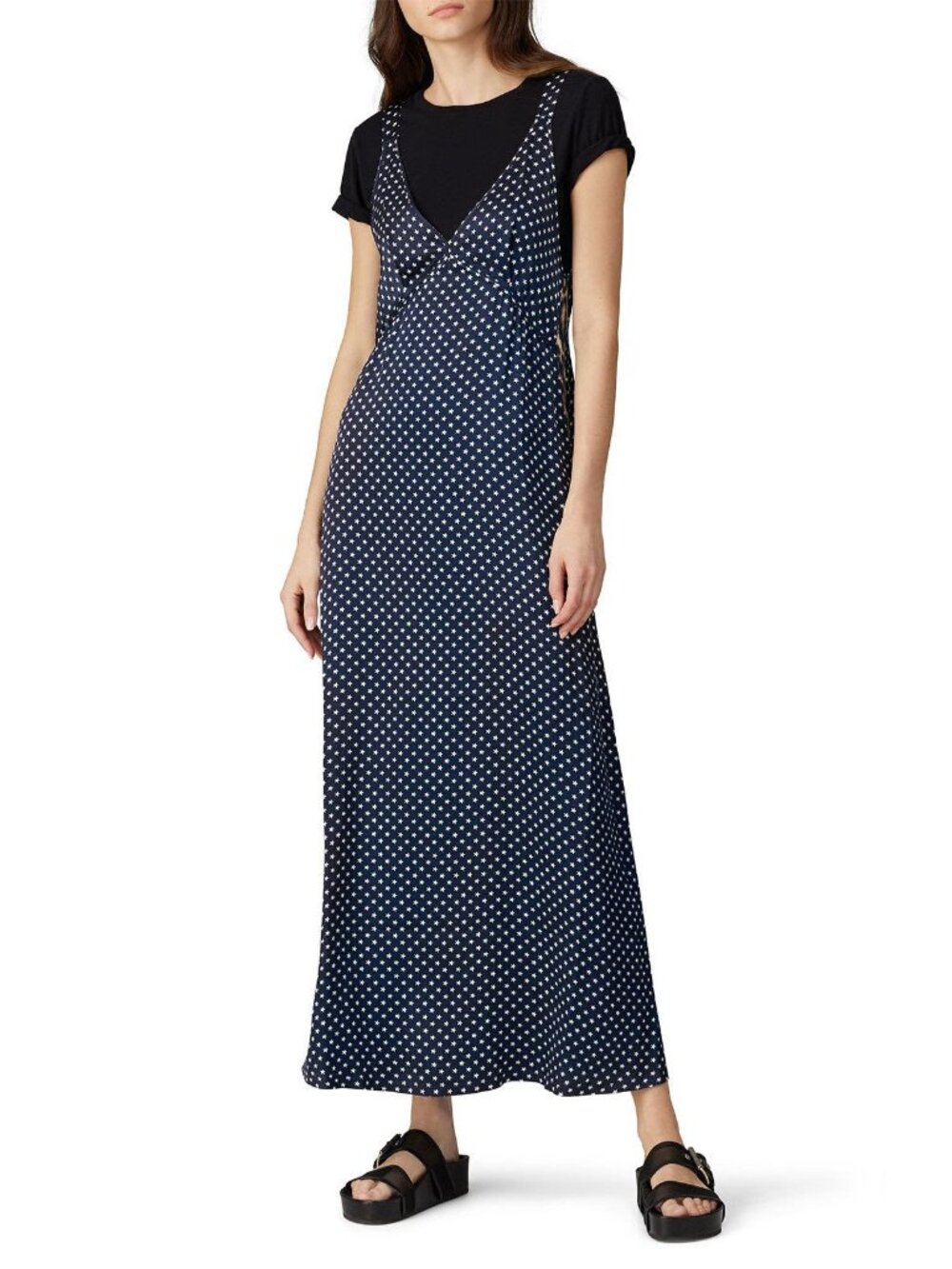R13 Navy Blue Star Print V-Neck Sleeveless Silk Maxi Dress Women's Size Small S - Picture 2 of 11